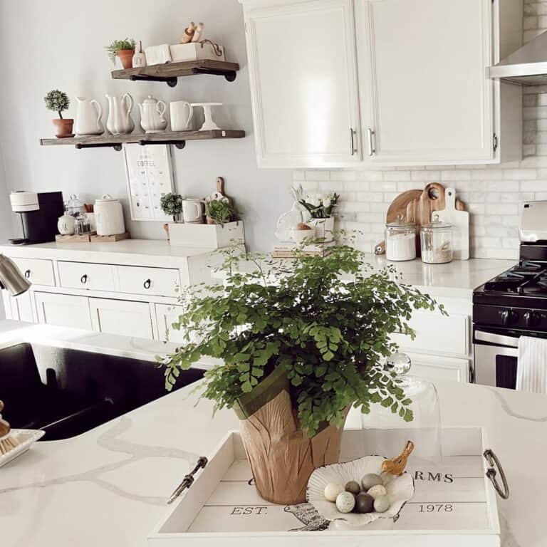 Elegant White Kitchen With Accents of Greenery