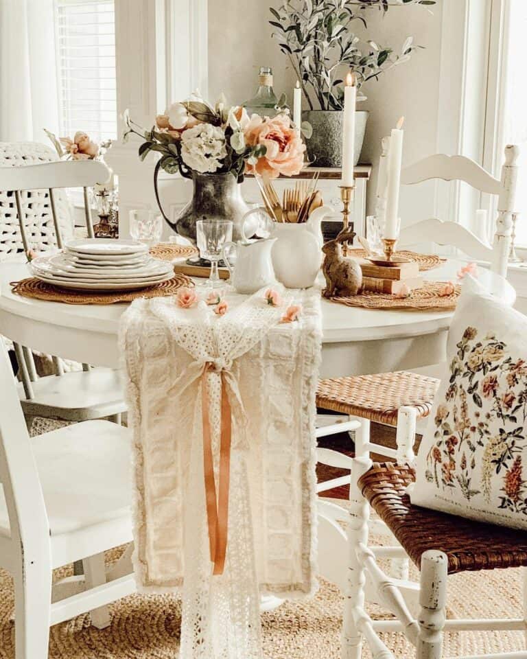 Elegant White Round Table With Floral Easter Décor