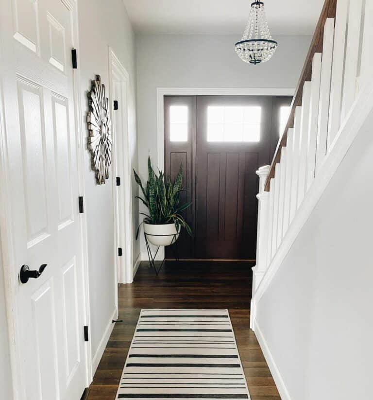 Entrance Hall With White and Black Striped Rug
