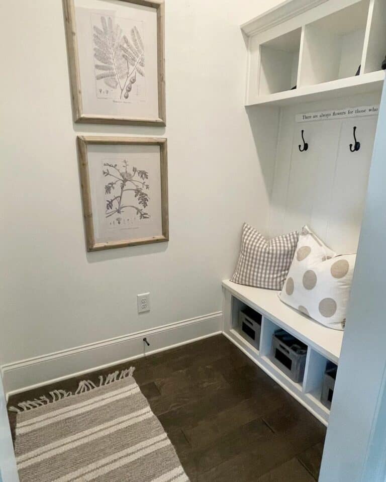 Entrance Mudroom With White Built-in Bench