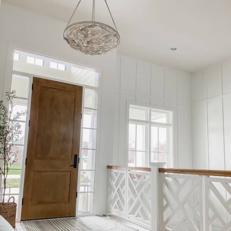 Entrance With Gray and Beige Chandelier Light
