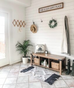 Entryway Mudroom Ideas With Stained Wood Bench