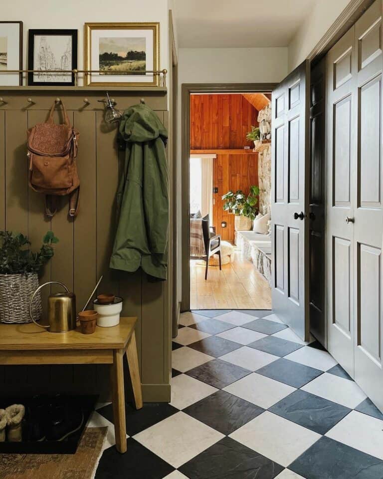 Entryway Mudroom With Black and White Checkered Flooring