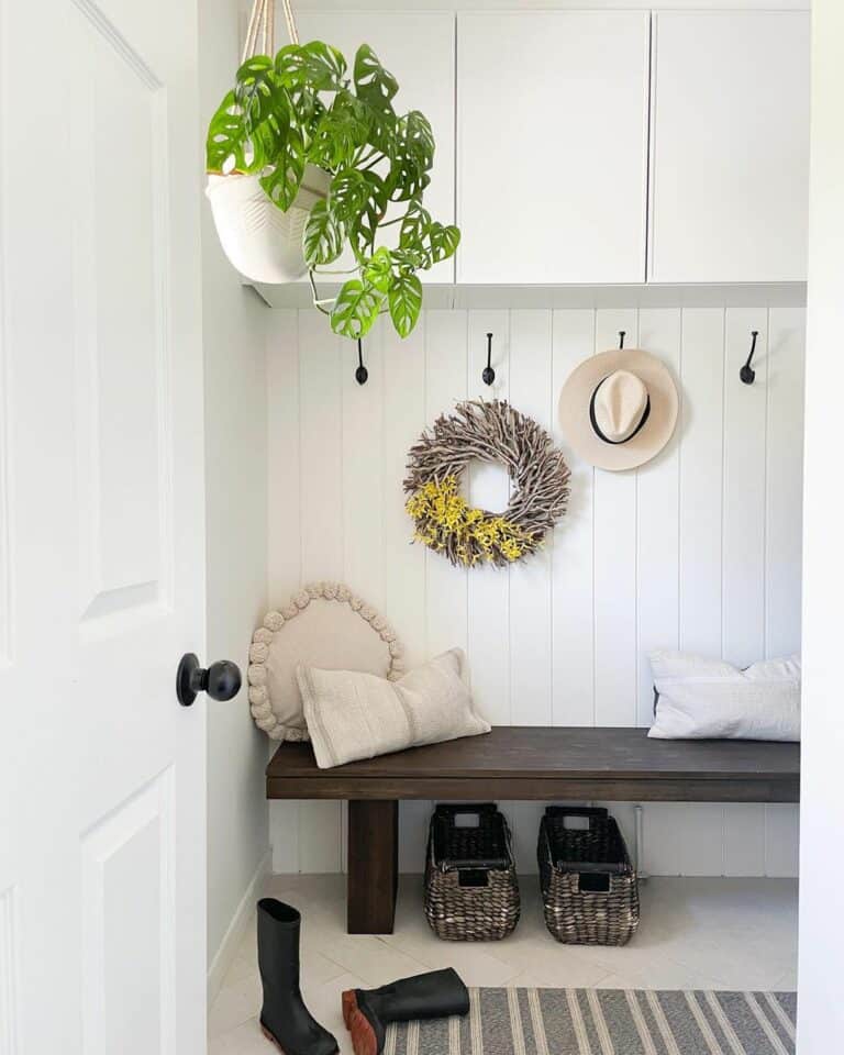 Entryway Mudroom With Dark Wood Bench