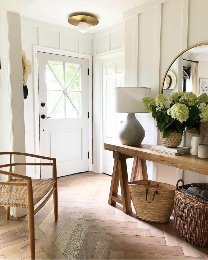 Entryway With Gold and White Flush Mount Lighting