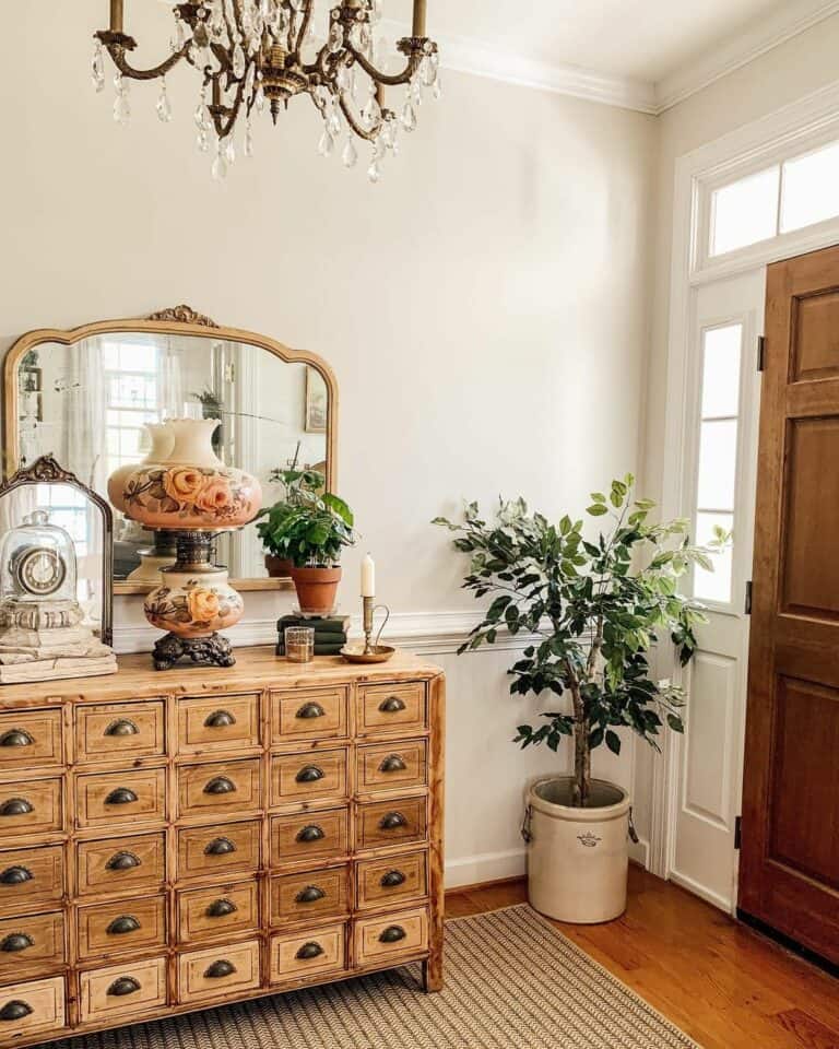 Entryway With Stained Wood Apothecary Cabinet