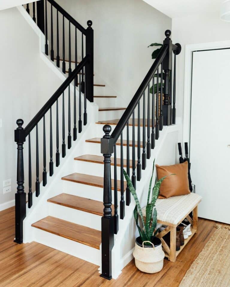 Entryway Wood Stairs With Black Banister