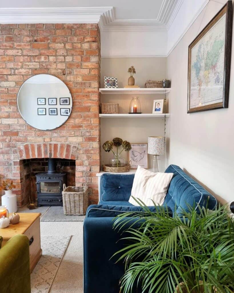 Exposed Brick Wall With Fireplace Alcove
