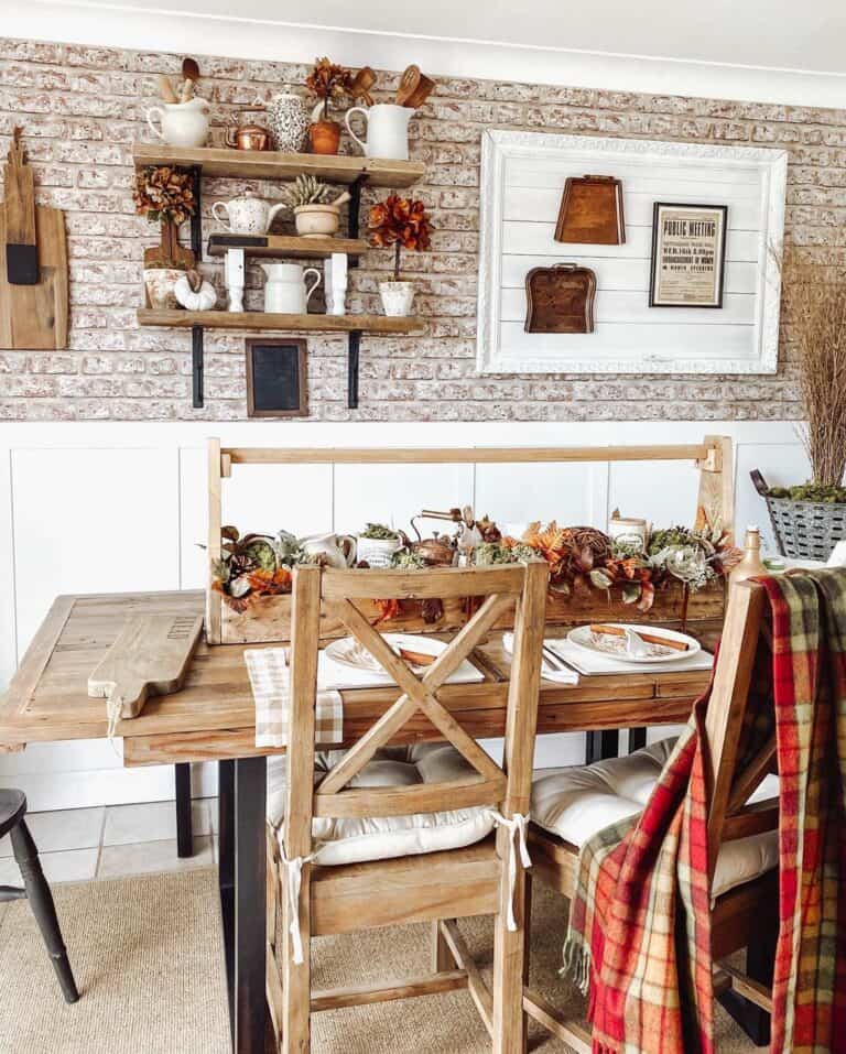 Exposed Brick Wallpaper and Floral Centerpiece