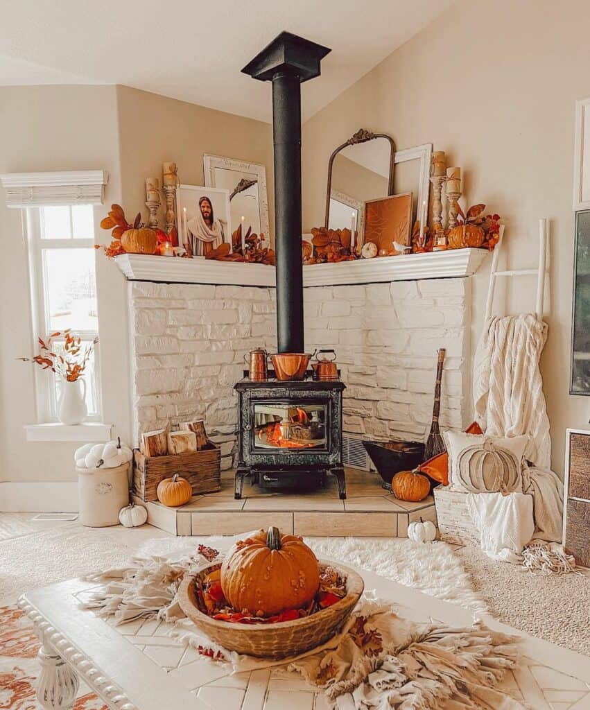 Fall-themed Living Room With Black Wood-burning Stove