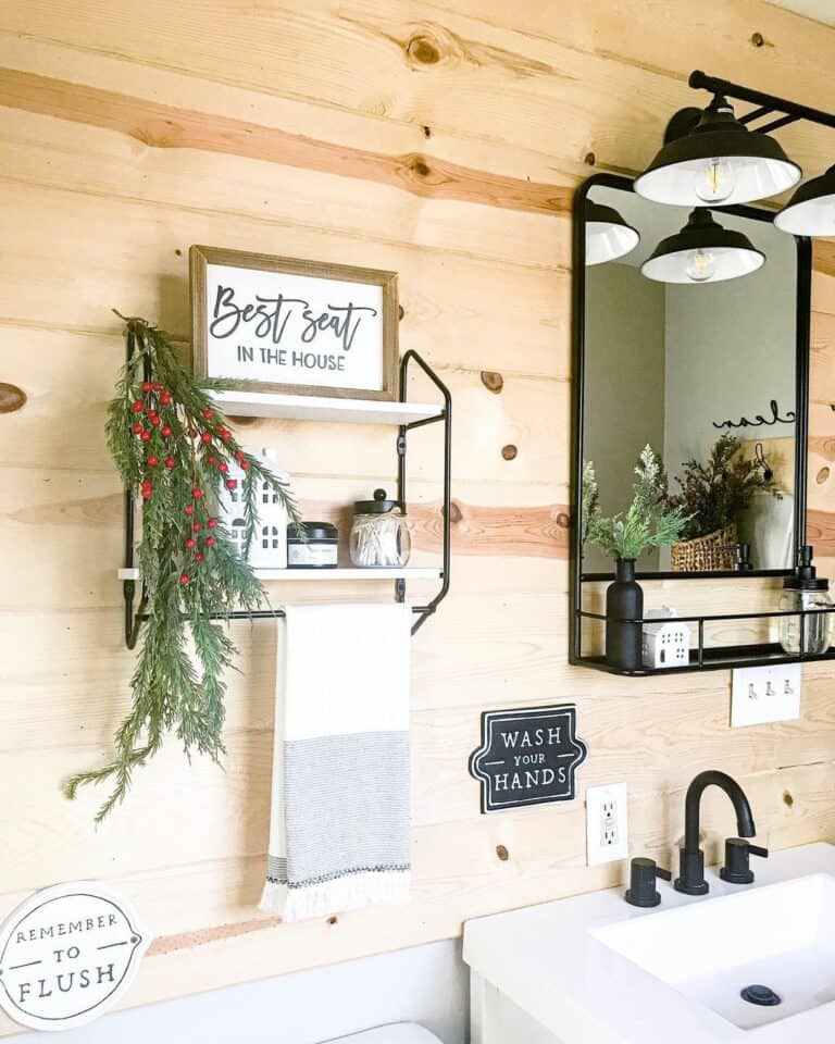 Farmhouse Bathroom Décor on Natural Shiplap Wall