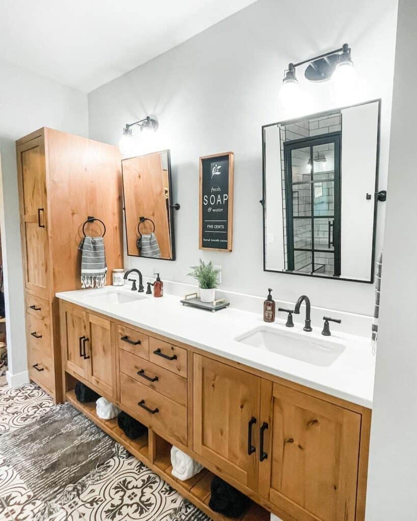 Farmhouse Bathroom With Black Handles