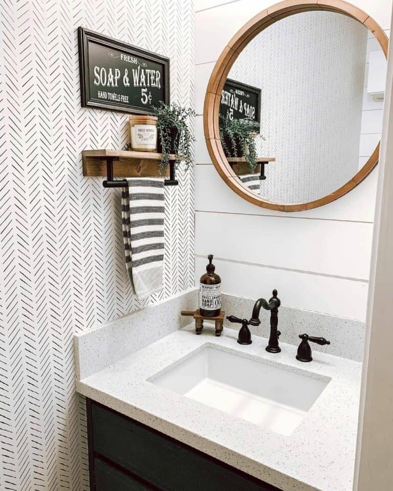 Farmhouse Bathroom With Patterned Wallpaper