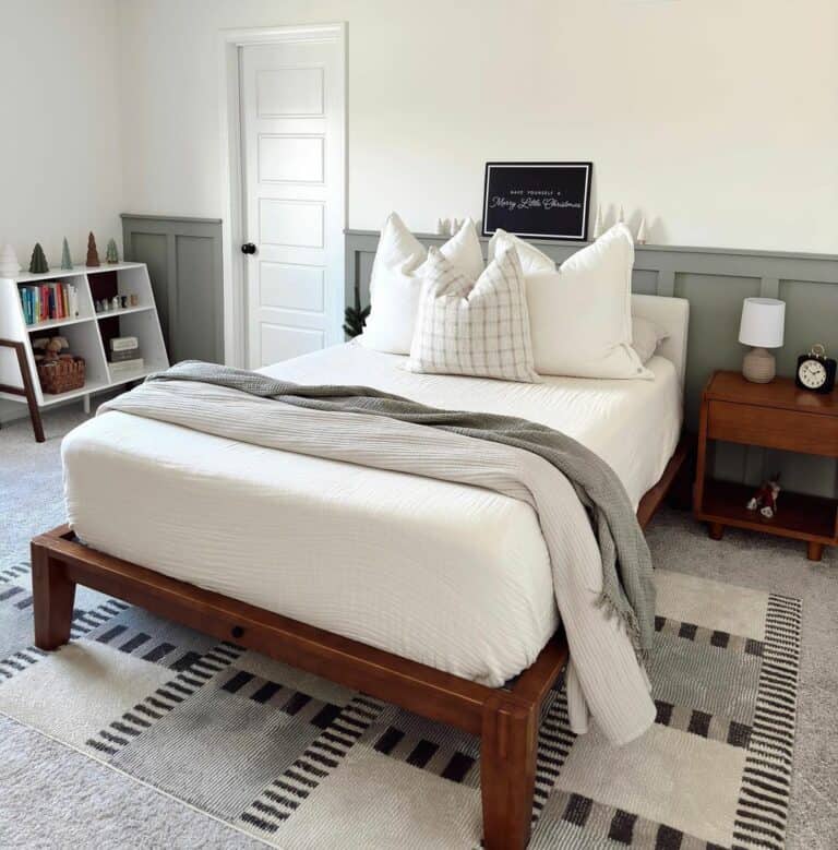 Farmhouse Bedroom With Gray-green Wainscoting
