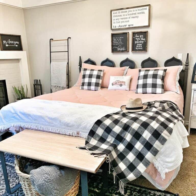 Farmhouse Bedroom With Plaid and Blush Pink Accents
