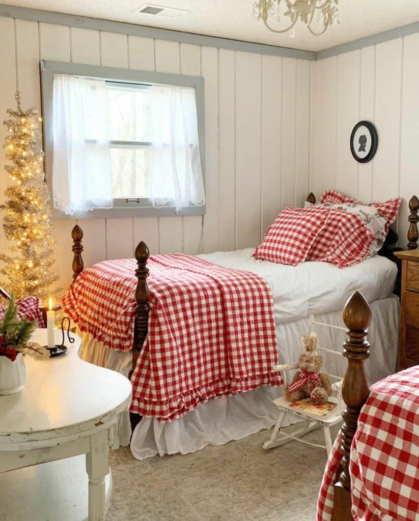 Farmhouse Bedroom With Red Gingham Accents