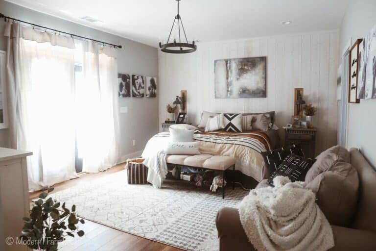 Farmhouse Bedroom With Textured Bohemian Rug