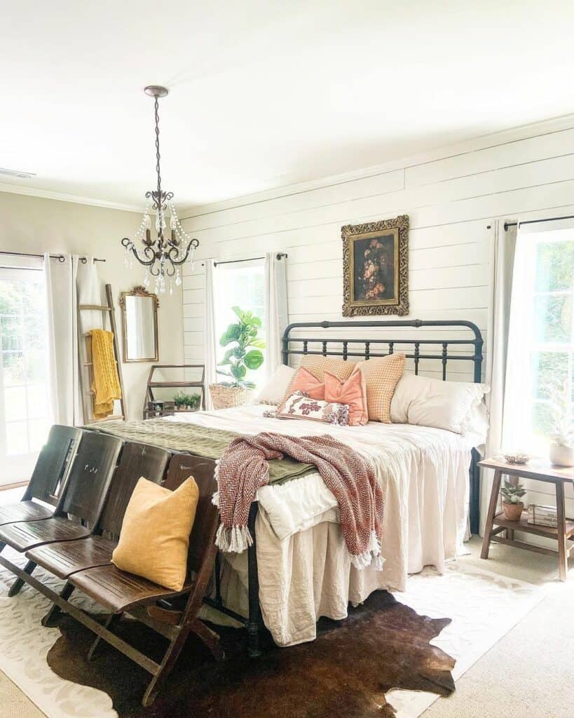 Farmhouse Boho Bedroom With Shiplap Wall