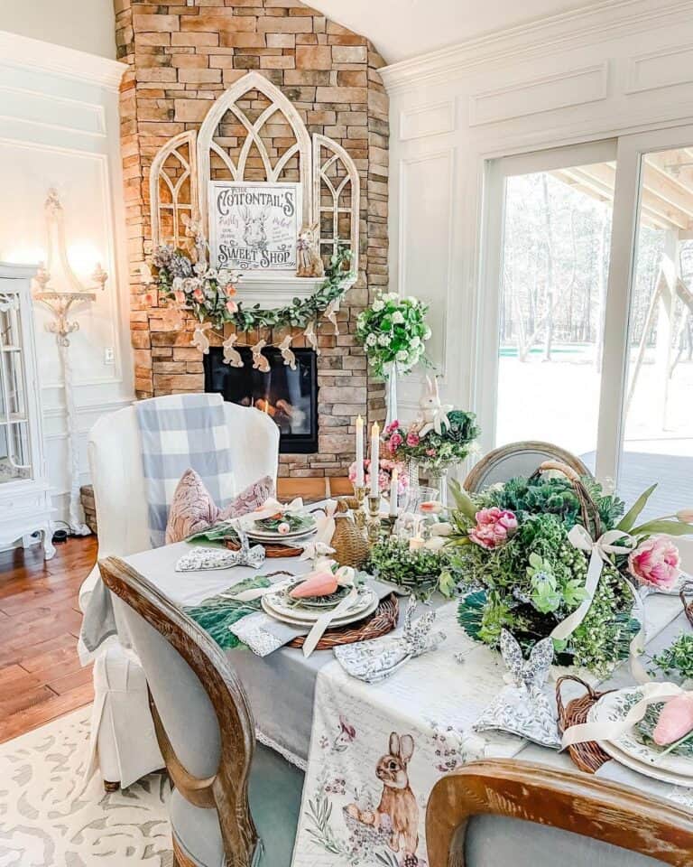 Farmhouse Dining Table With Easter Decorations