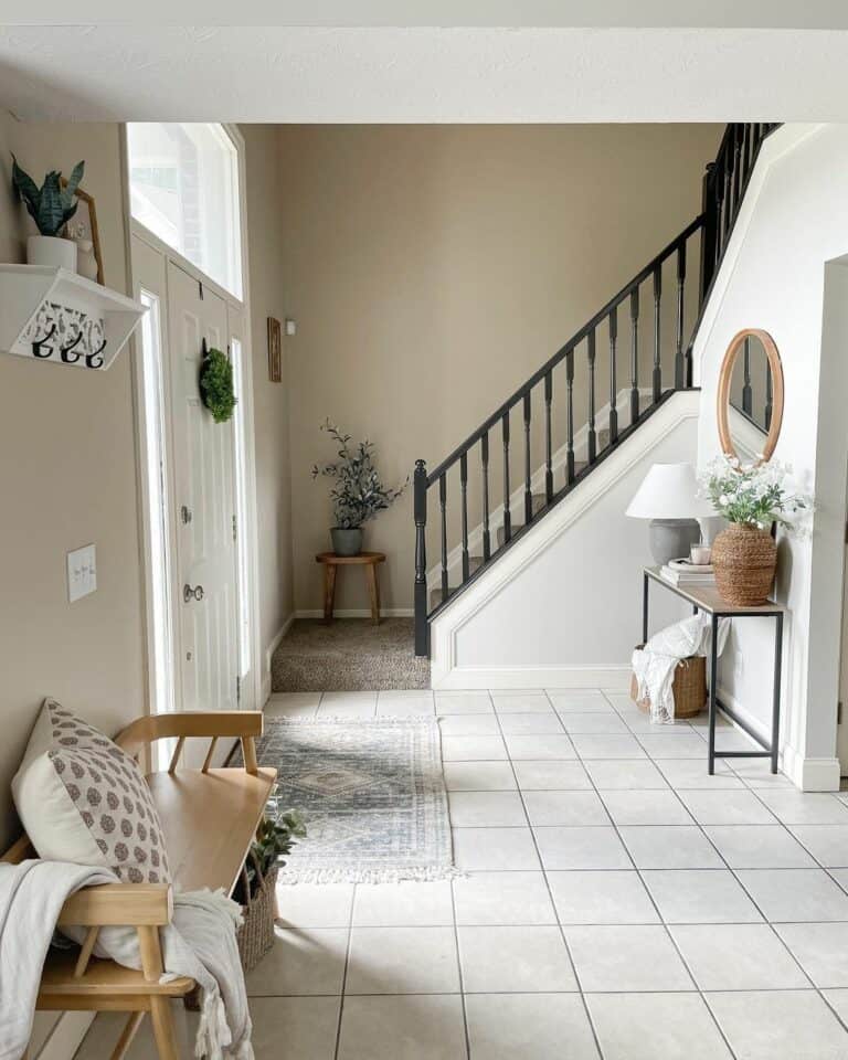 Farmhouse Entrance With Light Wood Bench