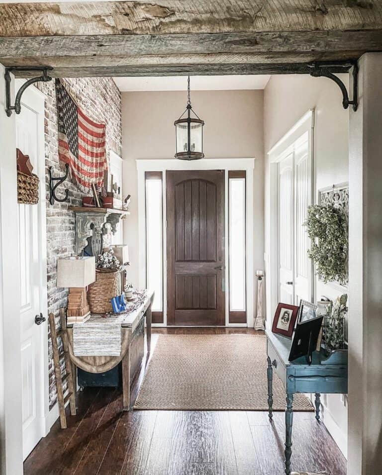Farmhouse Entry Hall With Rustic Wood Console Tables