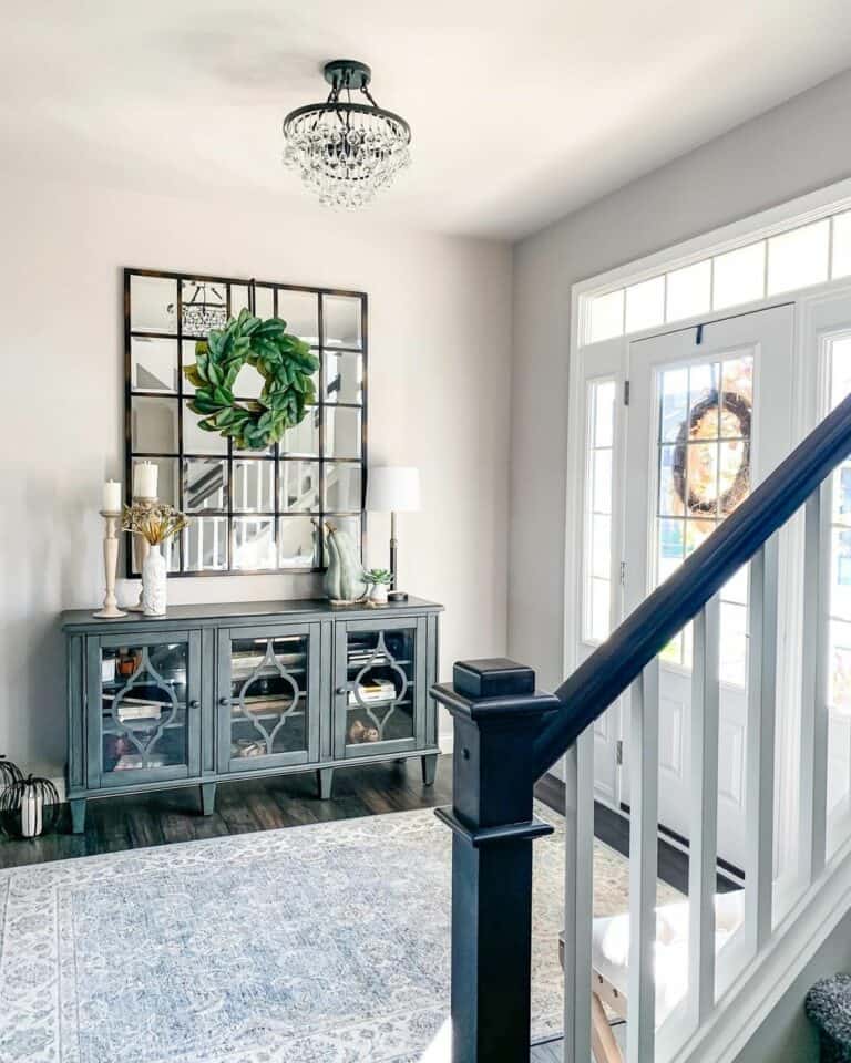Farmhouse Entryway With Gray Sideboard