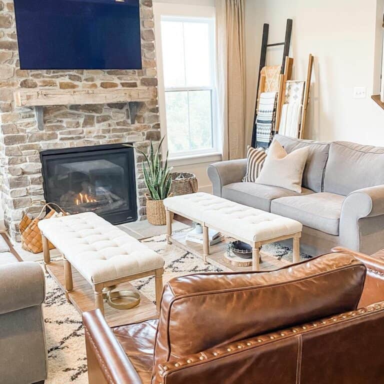 Farmhouse Family Room Ideas With Stone Fireplace