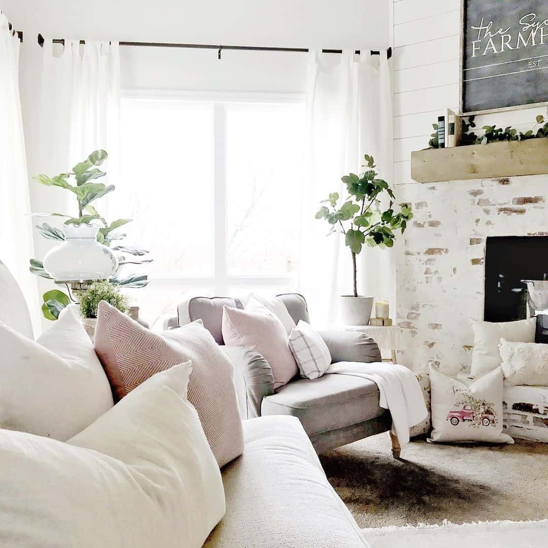 Farmhouse Fresh Living Room With Painted Brick Fireplace - Soul & Lane