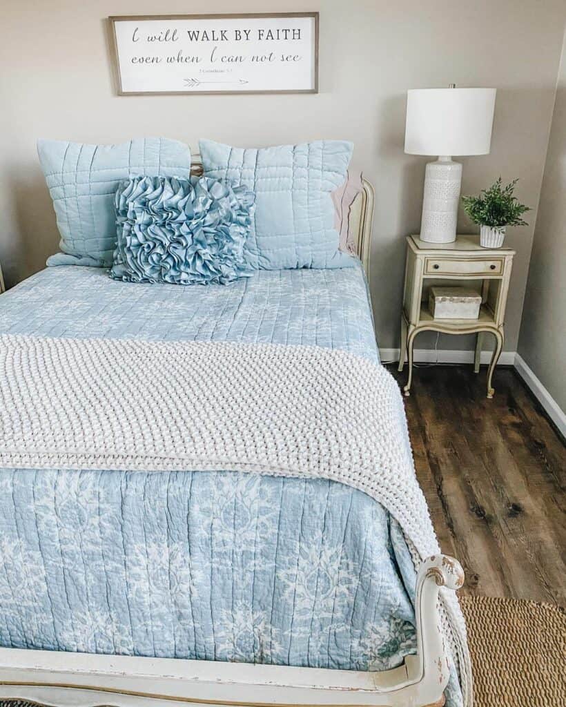 Farmhouse Guest Room With Blue Bed