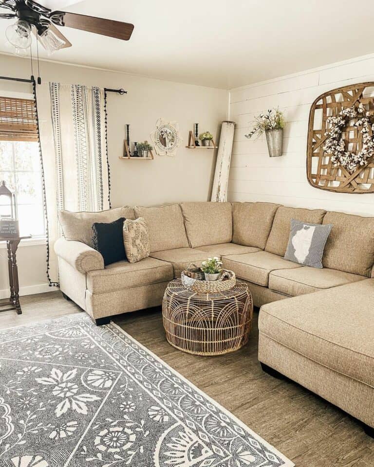 Farmhouse Living Room With Boho Wall Décor