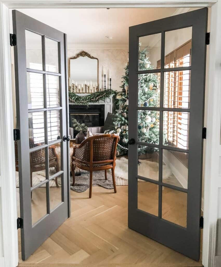 Farmhouse Living Room With French Doors