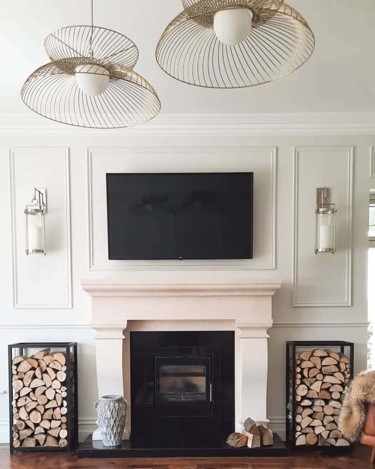 Farmhouse Living Room With Patterned TV Wall