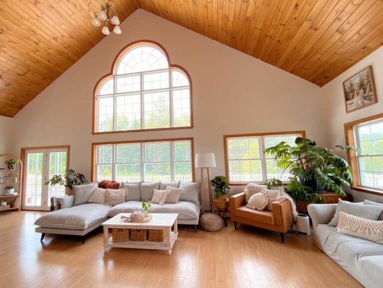 Farmhouse Living Room With Vaulted Wood Ceiling