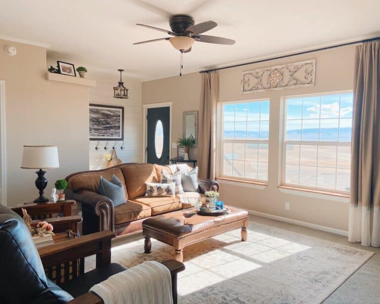 Farmhouse Living Room With Warm Brown Accents