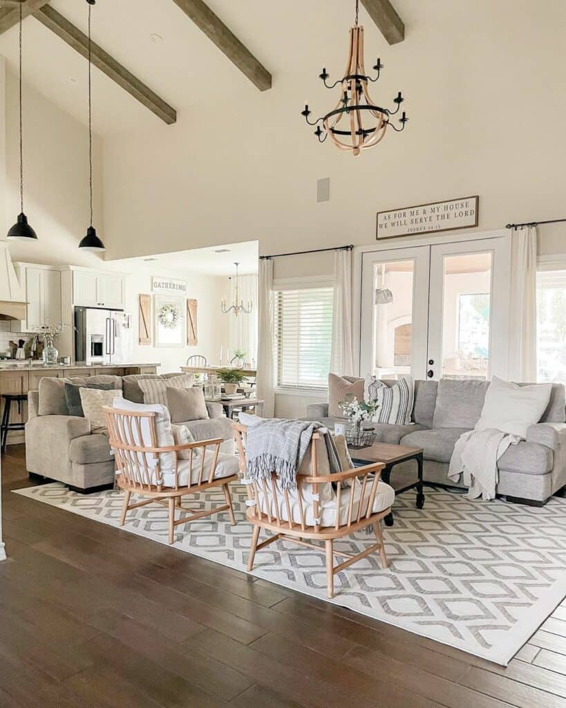 Farmhouse Living Room With White Doors