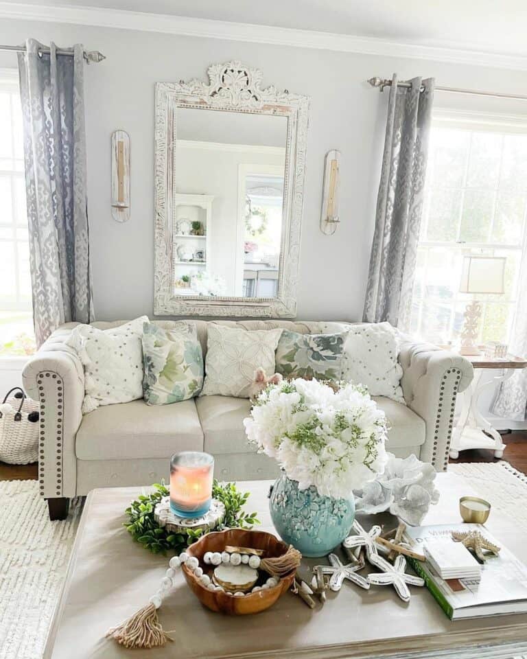 Farmhouse Mirror Above Studded Sofa