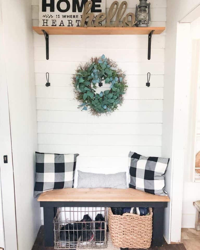 Farmhouse Mudroom With White Shiplap Built-in Bench