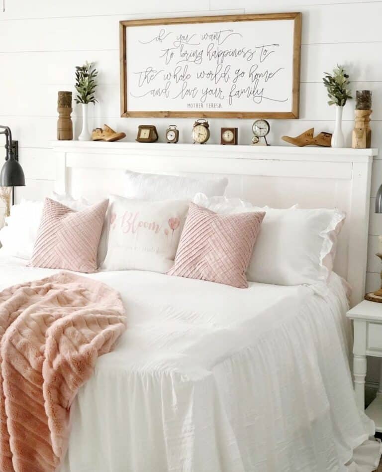 Farmhouse Pink Bedroom With Rustic Décor