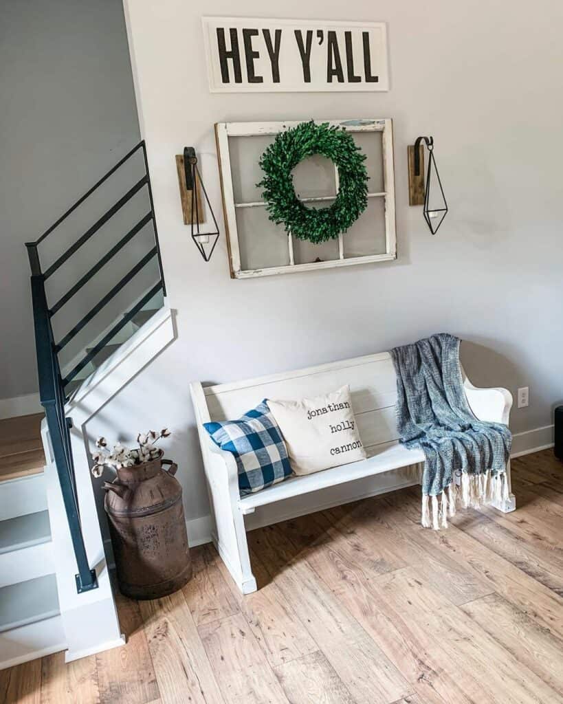 Farmhouse Stairway Décor With Bench