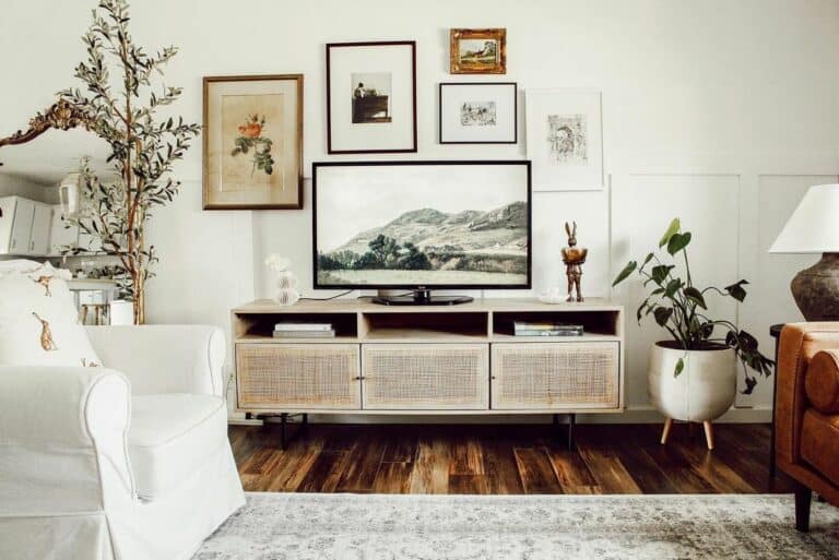 Farmhouse TV Entertainment Center With Rattan Accents
