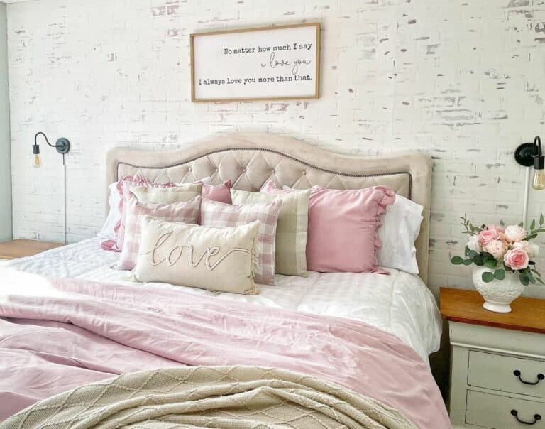 Faux Brick Wall Behind Beige Headboard