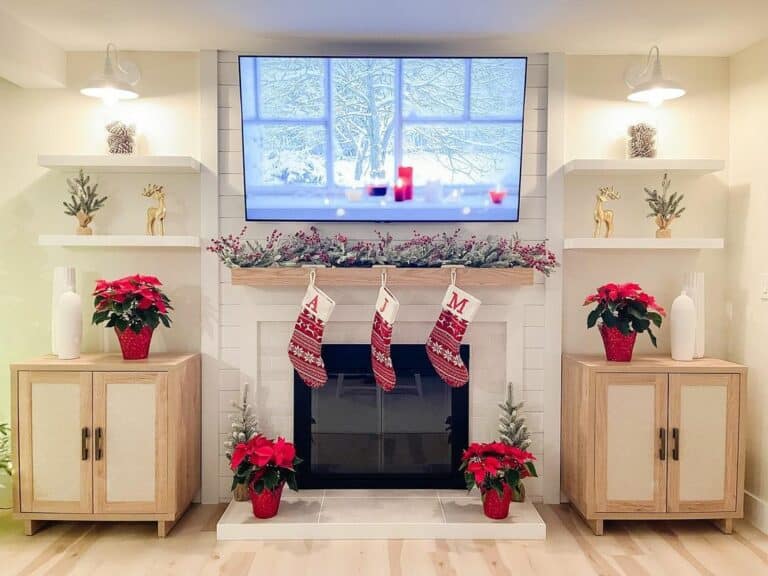 Festive Living Room With White Fireplace