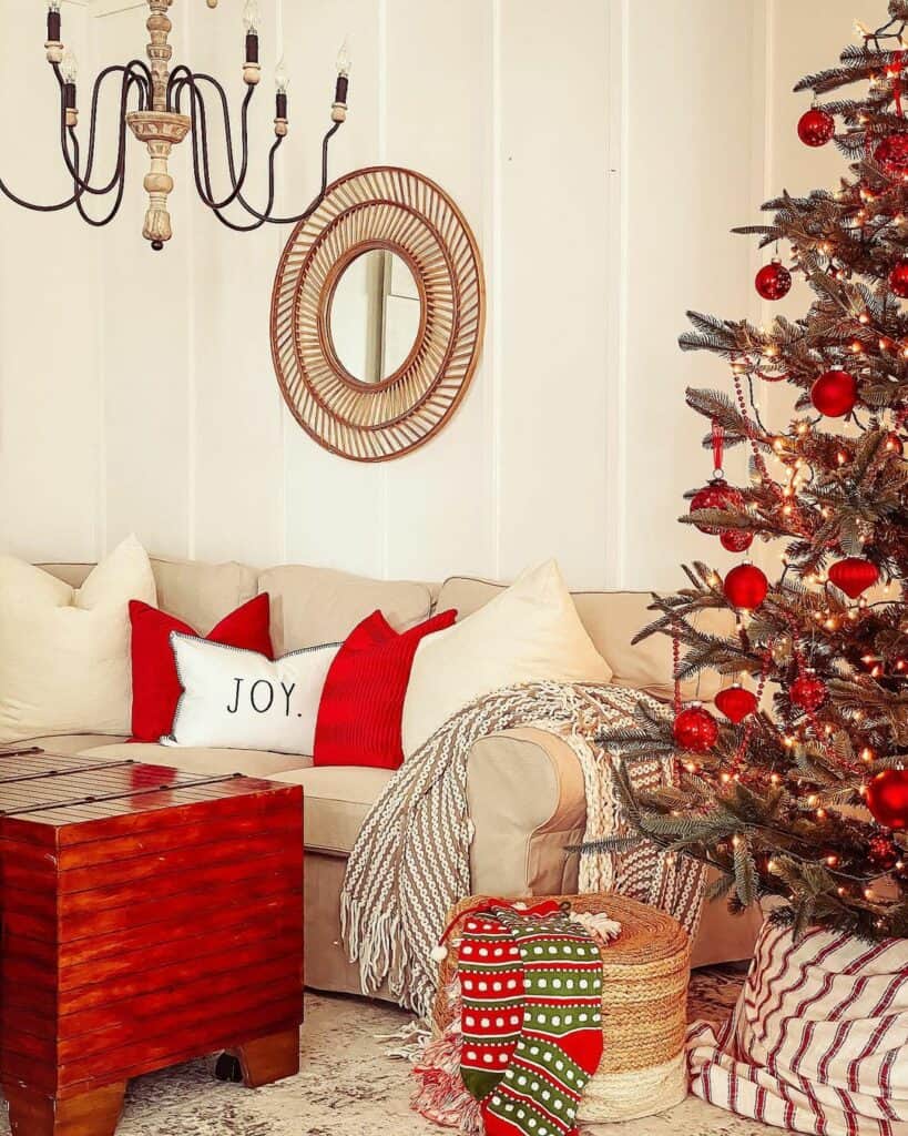 Festive Modern Farmhouse Living Room With Pops of Red