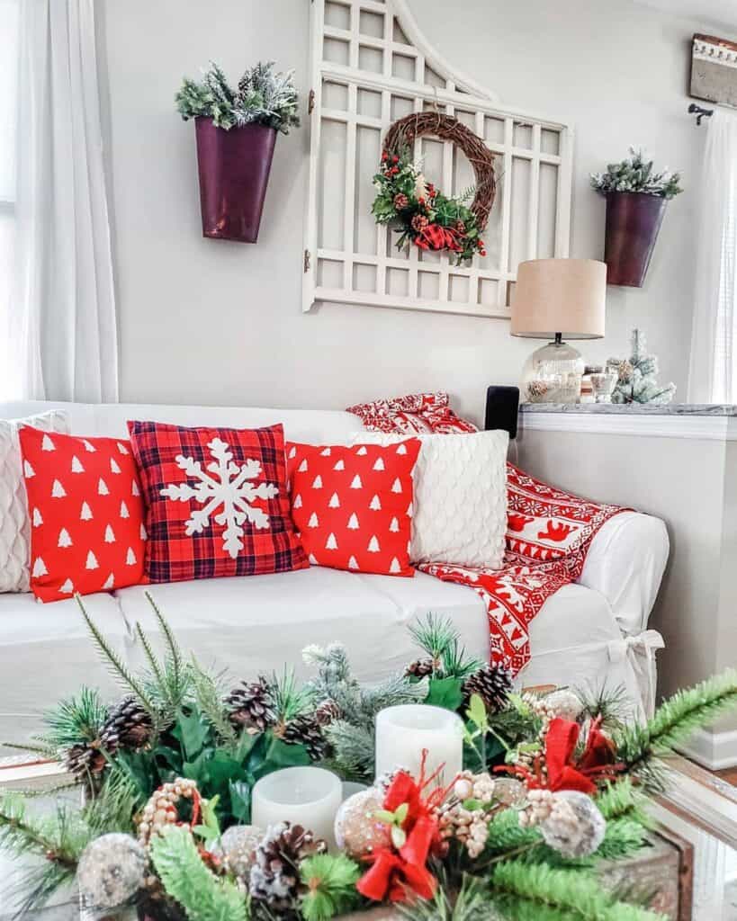Festive Red Accents in White Farmhouse Living Room