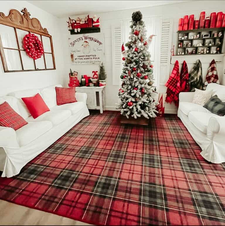 Festive Red and Black Farmhouse Living Room