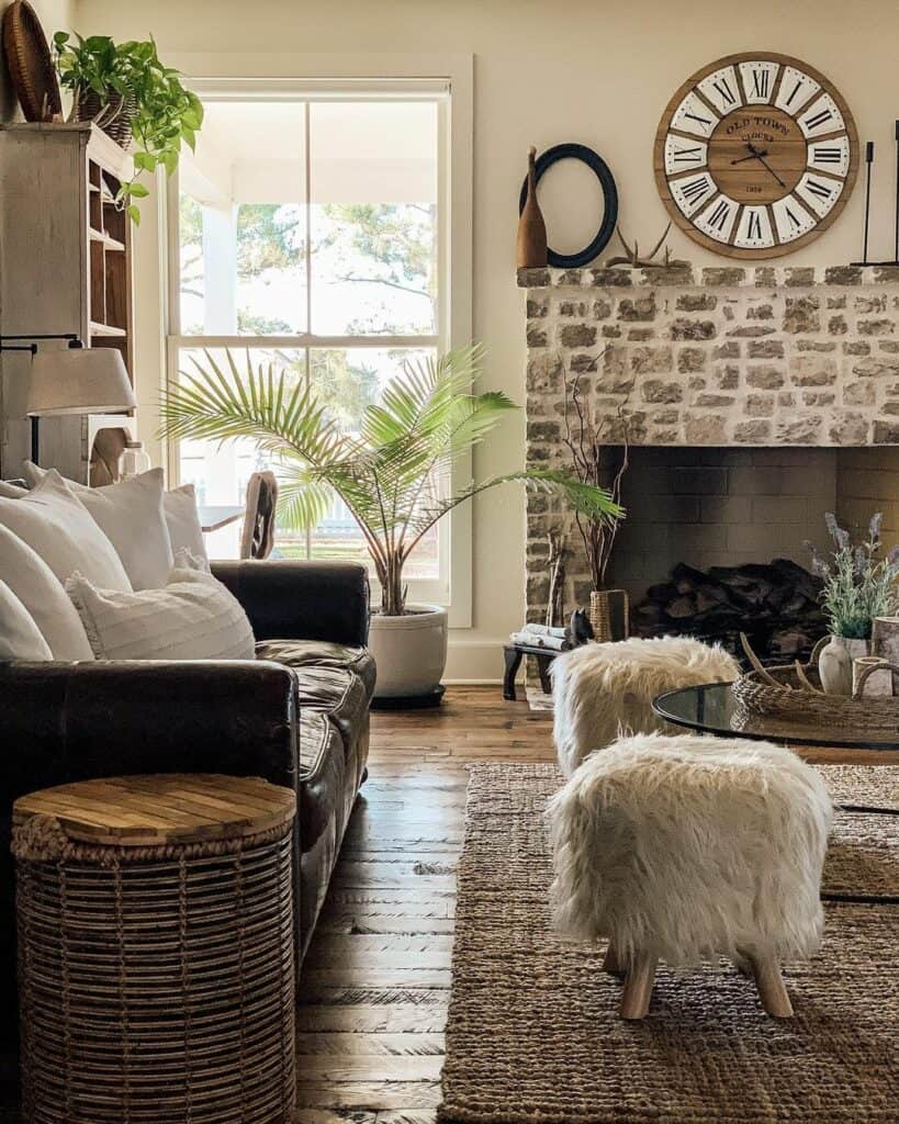 Fieldstone Fireplace With Brick Firebox