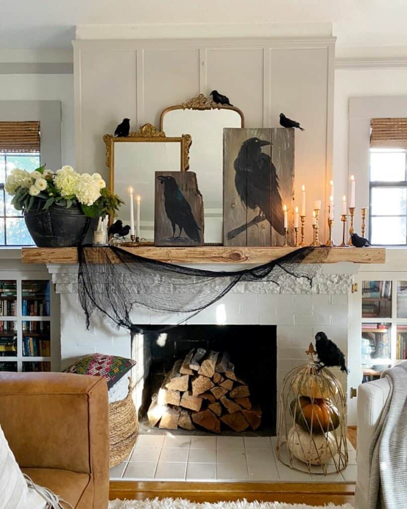Fireplace with Halloween Raven Decorations