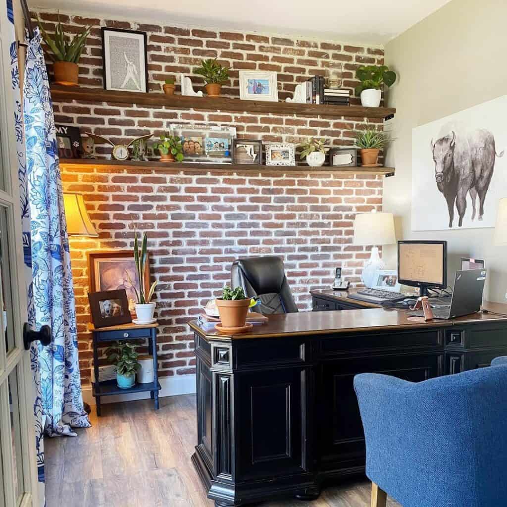 Floating Wood Shelves on a Red Brick Office Wall