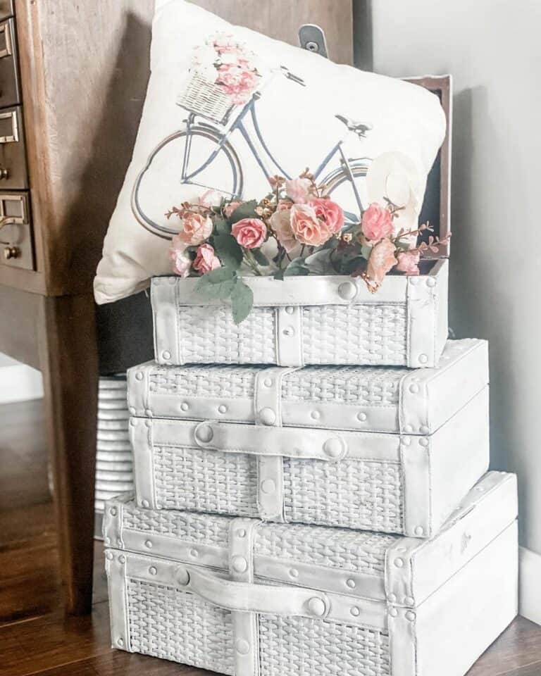 Floral Décor in Stacked Suitcases