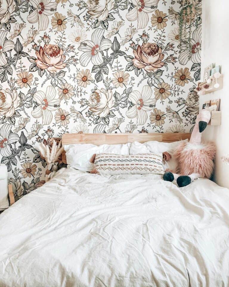 Floral Wallpaper and Flamingo Toy